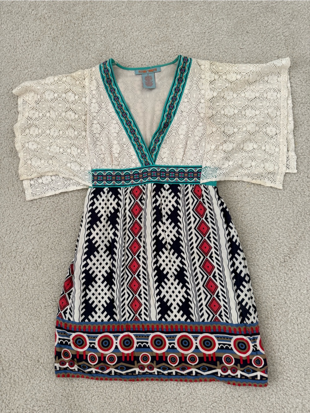 Flying Tomato Multicolor Lace-Trim Tribal Print Dress